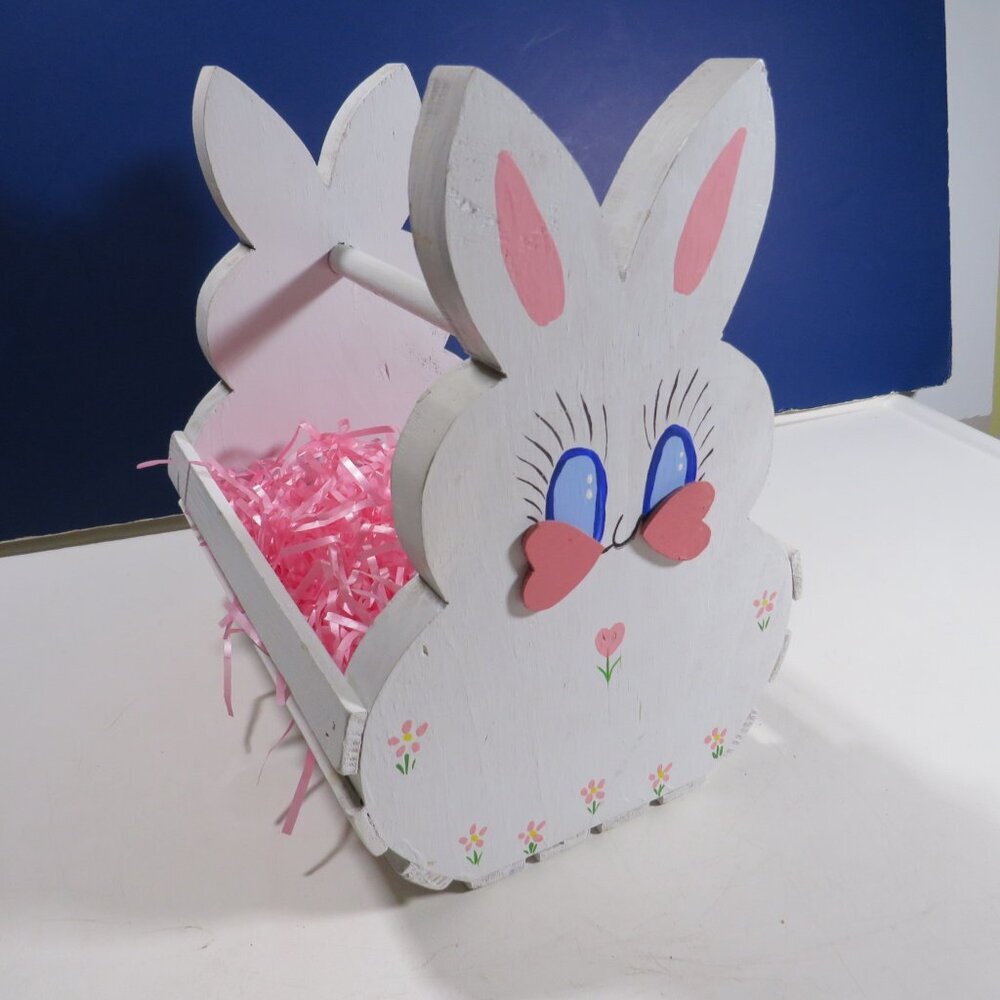 Vintage All Wood Bunny Rabbit Basket Hand painted white rabbit country farmhouse